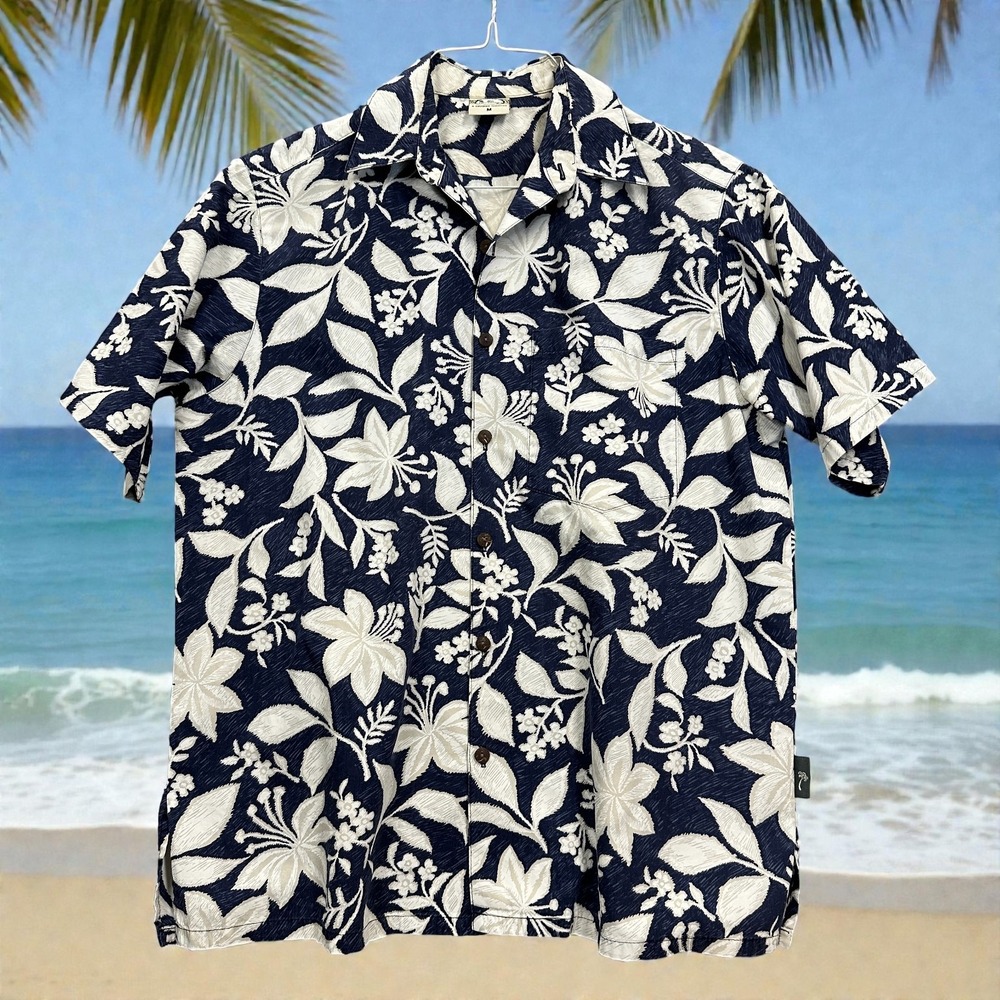 Go Barefoot Vintage Aloha Shirt M Blue White Floral Cotton‎ Hawaiian Tradition